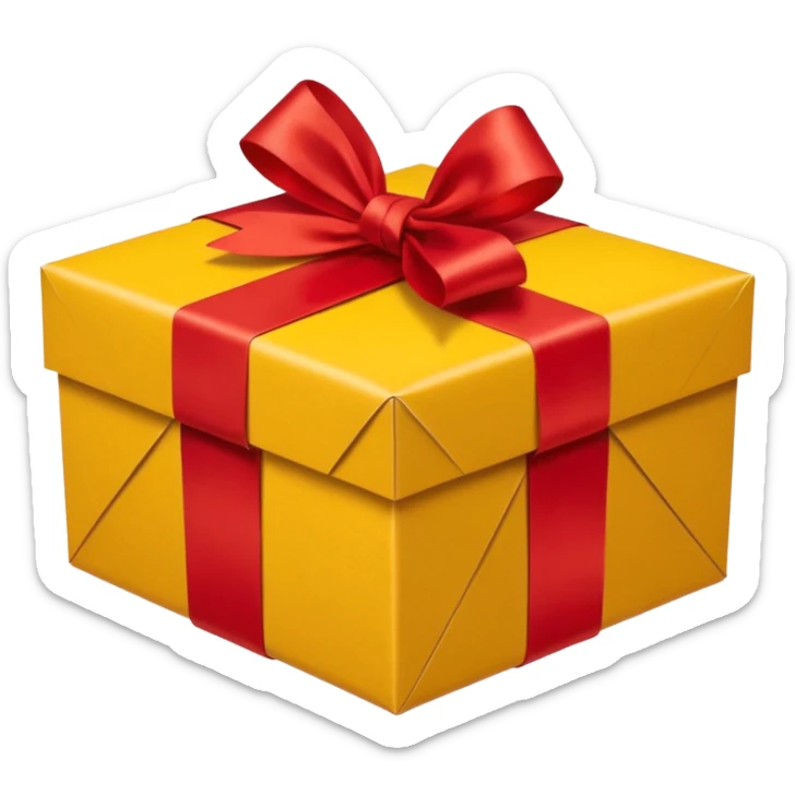 box with yellow wrapping paper and a length of red ribbon surrounding it on the ground so you can see most of the box's cardboard sticker