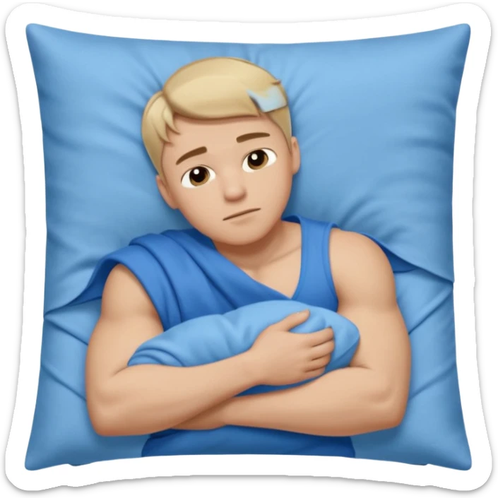 A young muscular male with short dark-blonde hair, medium-light skin, and a neutral expression, dressed in blue cloth. He lies on his side, arms around a soft white pillow, with his head on a smooth blue pillow. A flowing blue blanket covers him in silky folds. sticker