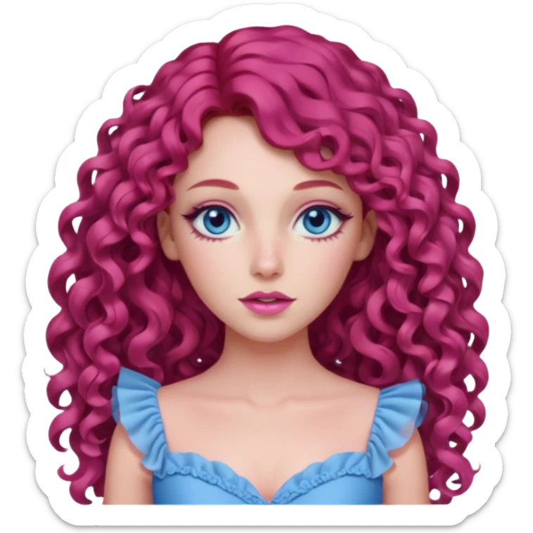 Chappell Roan long red curly hair, blue eyes, pink eyeshadow and lip, pink dress sticker