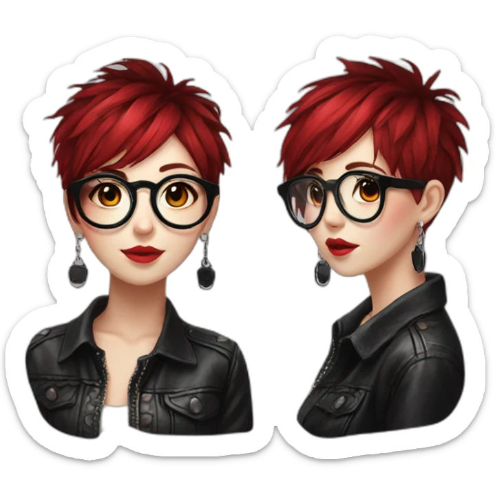 Punk female earrings glasses,red and black short hair, sticker