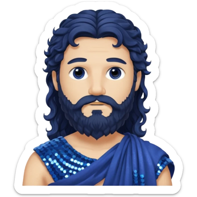 Auster, God of Summer Roman Deities with long black wavy hair and beard, indigo sequin toga sticker