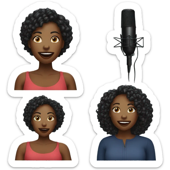 black african woman speaking at a podcast with a microphone near to the mouth sticker