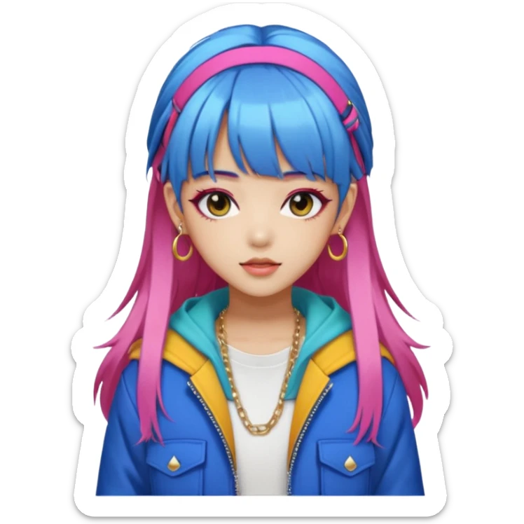 Portrait of a young female K-pop idol, wearing a stylish streetwear outfit with layered clothing and bold accessories, colorful dyed hair with bangs, confident expression, soft lighting, front-facing, energetic and glamorous vibe sticker
