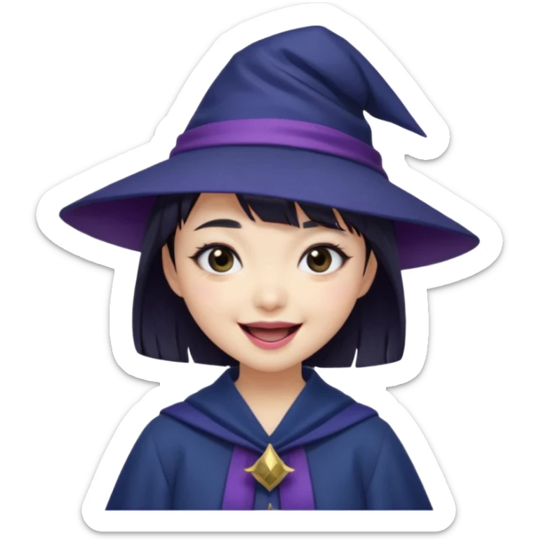 An Asian short-haired girl with short raven hair and bangs, with heterochromia eyed, eyeliner, and laughs with a tiny fang of mauve-toned lipstick, wears a dark navy wizard hat with an emblem on it. sticker