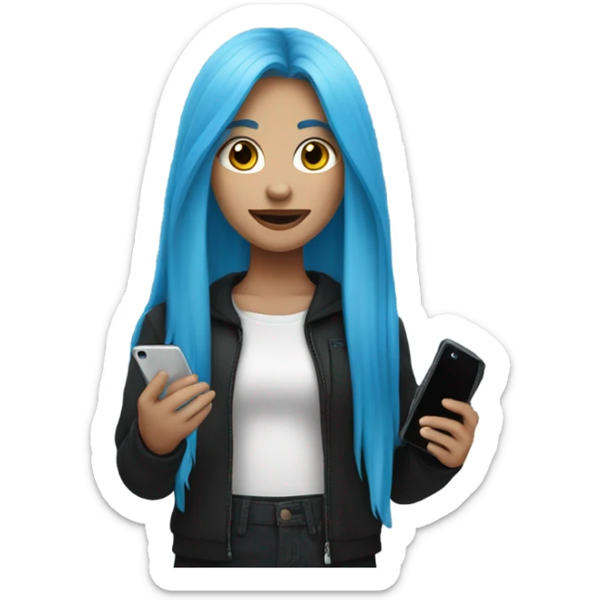 white skin girl with long blue hair in black clothes holding a phone sticker