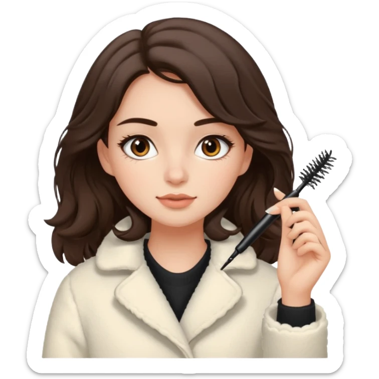 Garota branca de cabelos levemente ondulados castanhos escuros médio aplicando máscara de cílios, ela veste casaco off white estilo cozy sticker
