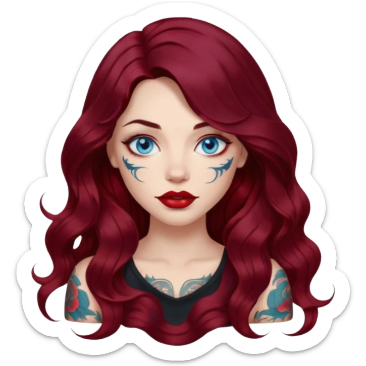 Realistic Female long wavy dark burgundy hair, blue eyes, large red lips, tattoos, artist sticker