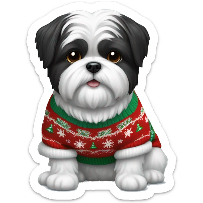 Black and white Shi tzu dog in Christmas sweater sticker