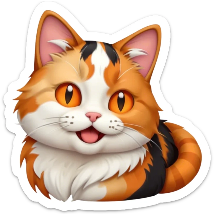 Cinematic Cute Yawning Calico Cat Portrait Emoji, Head tilted mid-yawn with a charming, relaxed expression, showcasing a soft patchwork fur of vibrant orange, black, and white, simplified yet irresistibly adorable, highly detailed, glowing with a cozy, gentle radiance, high shine, exuding sleepy yet endearing charm, styled with a soft glowing outline, capturing the essence of a calico cat caught in a delightful yawn that seems ready to cuddle up for a nap! sticker