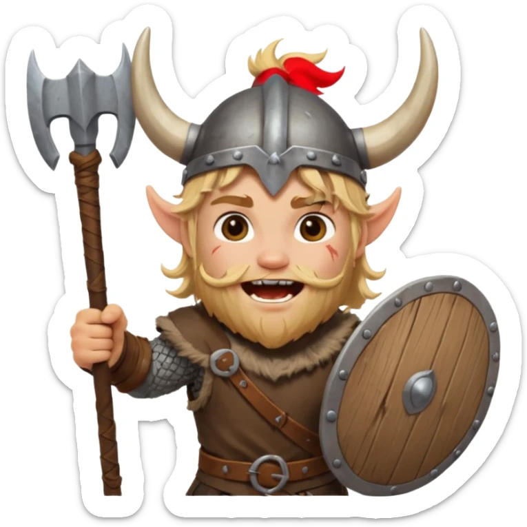 A young Viking warrior with messy hair painted cheeks, wooden shield, and fierce excited grin with horned helmet sticker