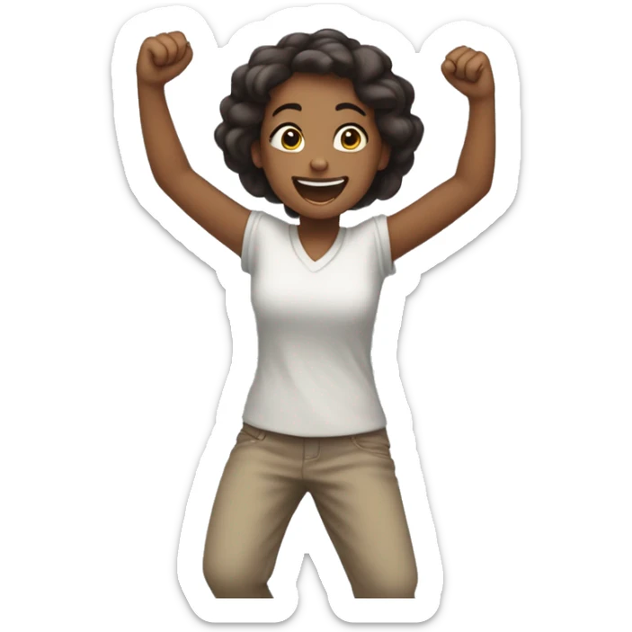 Girl is happy and exited hold her fists up at the chest line sticker