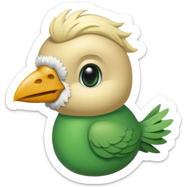 un oiseau classique de profil tout vert même sa tête  et un seul poil blond qui fait une petite bouclette sur le front avec le collier argenté avec des ronds attachés au collier est autour du coup de l’oiseau entre la tête et le corps sticker