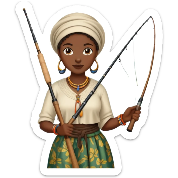 African woman fishing in the river, traditional clothing, holding fishing rod sticker