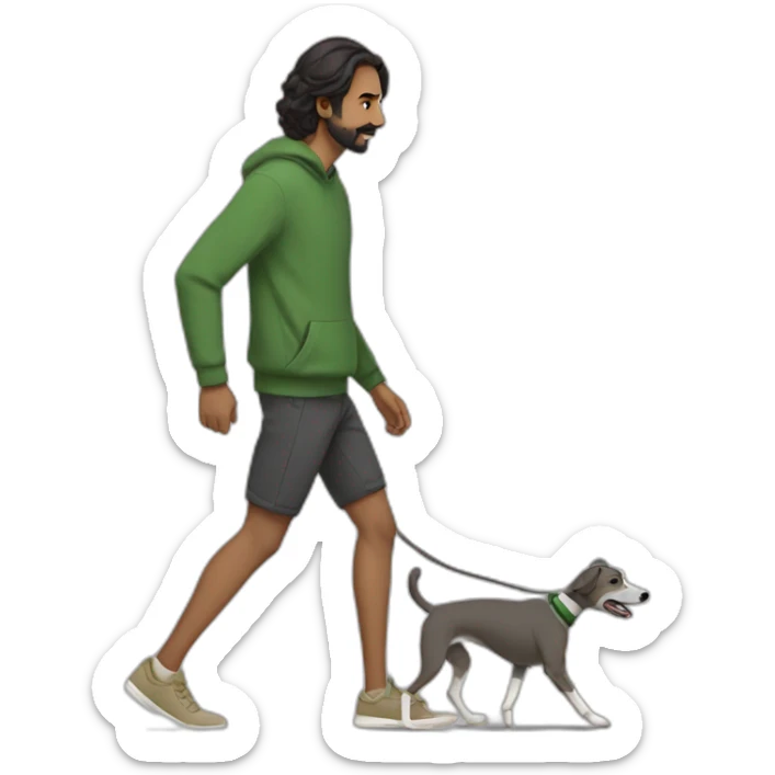 an indian man wearing a green sweatshirt, beige shoes, long hair, no beard, black shorts, walking, side profile, one hand raised slightly below waist level walking a whippet sticker
