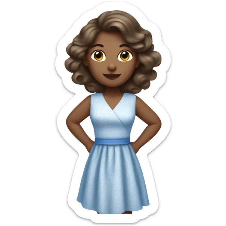Woman with curled brunette hair, hazel eyes, ivory skin, wearing a blue summer dress   sticker