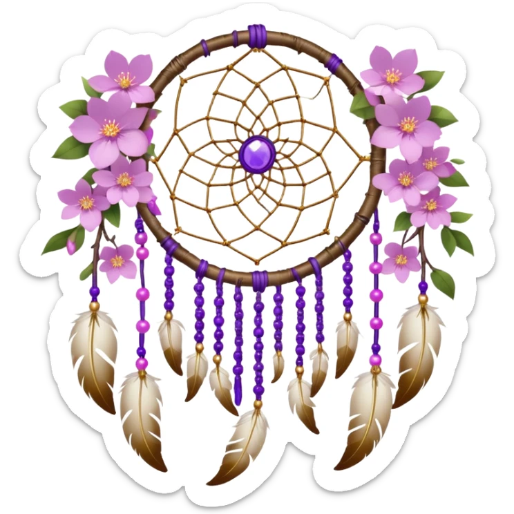A white-birch-Dreamcatcher. with purple-round-orbs, gold-rings hanging down. purple flowers, pink sakura flowers, sticker