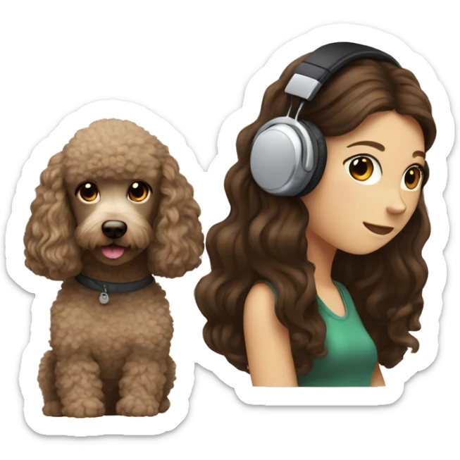 White girl, dark long hair in headphones with brown poodle sticker