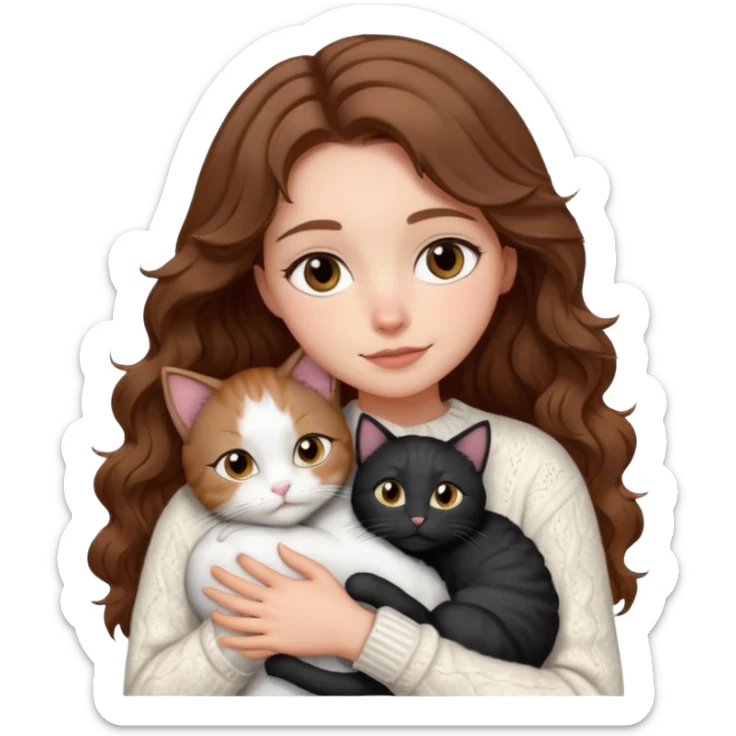 A pretty white girl with hazel brown eyes and brown wavy hair in a cosy white knit sweater, hugging a black and white cat sticker