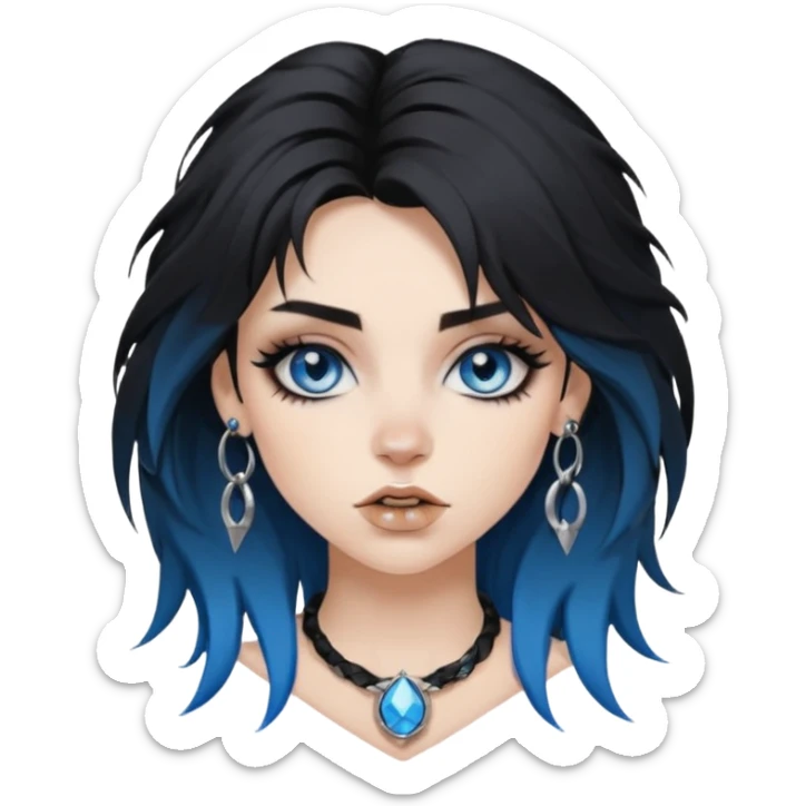 
 rockstar girl with black disheveled hair, blue eyes, Smokey eyes grunge makeup, ring on the side of the nose sticker