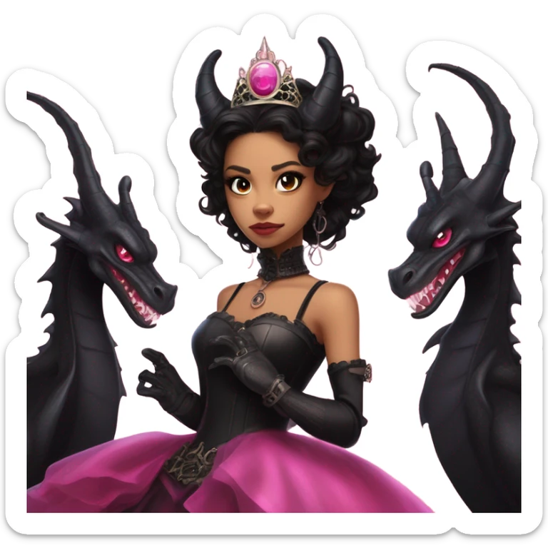 standing flirty Lavish black evening gown with see-through gloves, Jenna Ortega as Addams woman wearing a steampunk mini tiara, very large blood pink evil-looking horned old dragon sticker