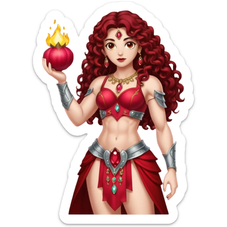 full body woman long curly brown hair brown eyes white skin tattoos muscular build pomegranate empress armor split open jewel seeds glow sticker