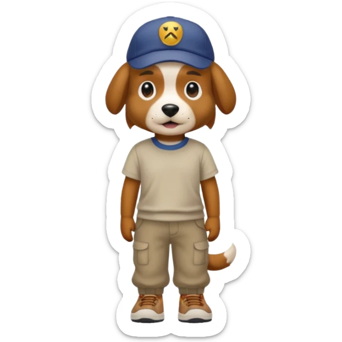 a dog with cap and t-shirt and pants and shoes sticker