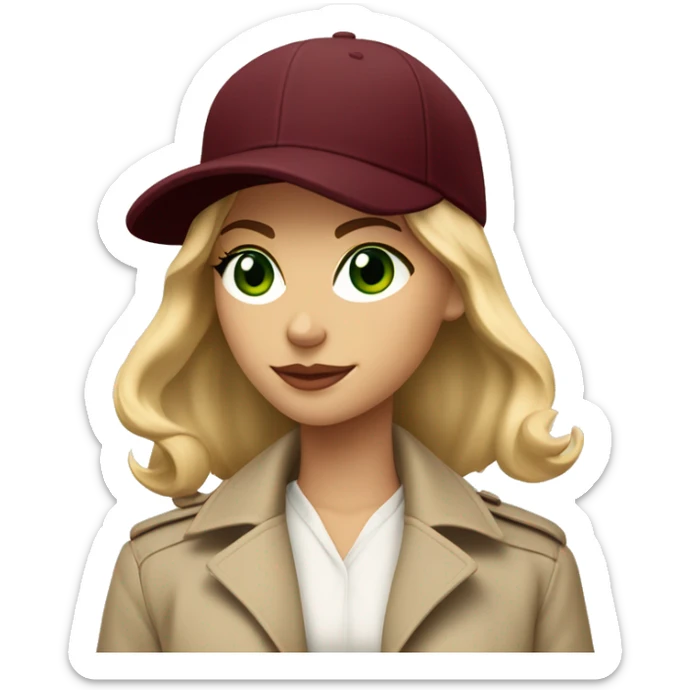 Blonde girl with green eyes in beige trench coat and burgundy baseball cap written Paris on it  sticker