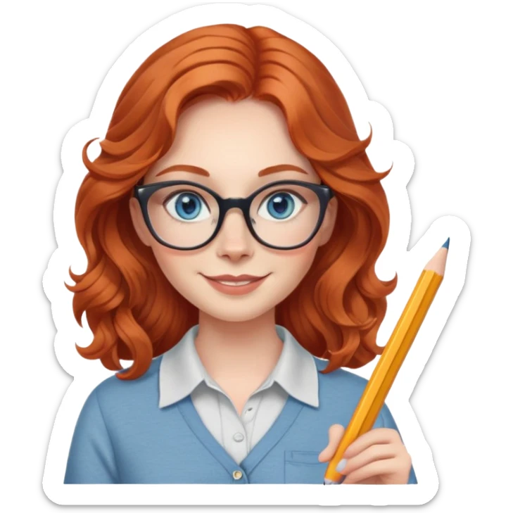 redheaded woman with long wavy hair, blue eyes, cat-eye glasses, casual outfit, holding a pencil, smiling sticker