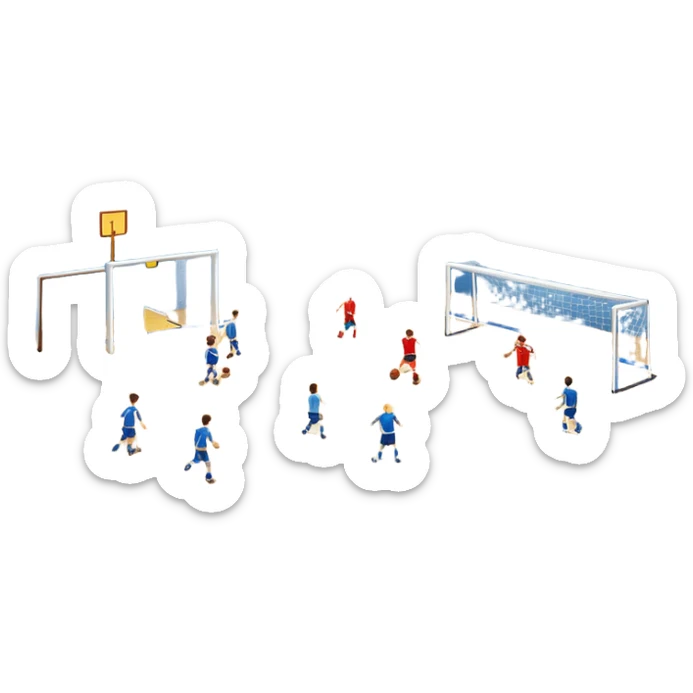 A mini-football match in an indoor sports hall with wooden flooring and clear field markings. The scene shows a vibrant game in action, with players positioned on the court, the goalposts visible, and the atmosphere filled with energy and focus. sticker