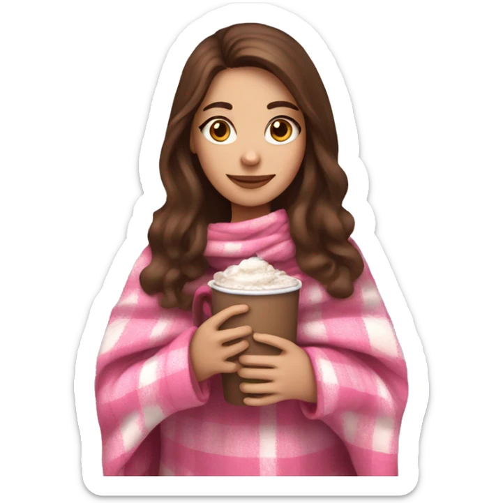 Brown haired girl in a pink checkered blanket holding a hot chocolate  sticker