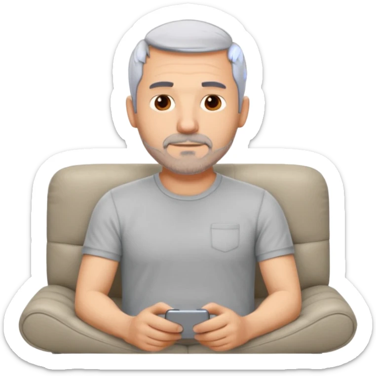 a 50 year man, short grey hair, stubble beard, laying on a ottoman of a light grey cord sofa, front view sticker