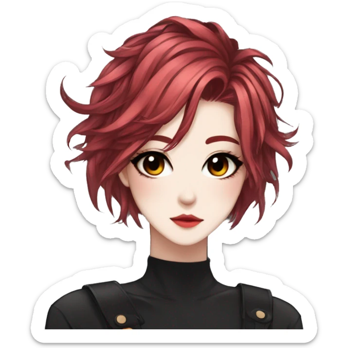 Gorgeous anime style lady with blushing face aesthetic and pretty edgy black red punk hair with hair garment trending style sticker