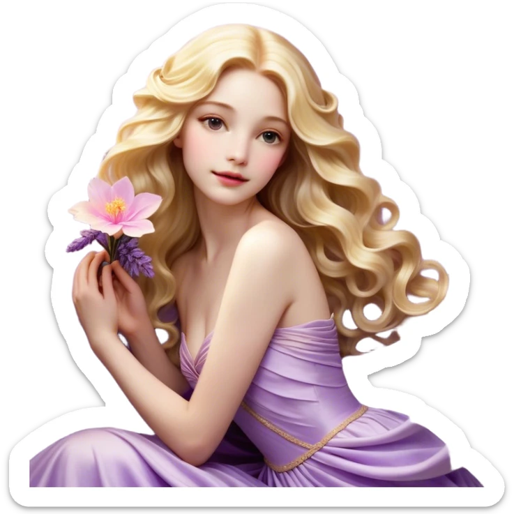 Cinematic Realistic Rapunzel Portrait, with porcelain-like skin featuring a subtle, natural glow, illuminated by soft lighting that brings out the gentle contours of her face. Her long, golden blonde hair cascades in detailed waves, each strand highlighted with a radiant shimmer as it catches the light. She playfully holds a flower in one hand, her other hand resting casually in her lap, with a warm and spirited expression. Her bright, expressive green eyes exude curiosity and warmth, framed by delicate lashes and soft, arched brows. She is dressed in her classic lavender and pink gown, the fabric textured with delicate folds that flow naturally, catching the light with a soft, radiant glow. The portrait captures a luminous, enchanting aura, seamlessly blending realism with a whimsical, fairytale charm, evoking a timeless sense of beauty and magic. sticker