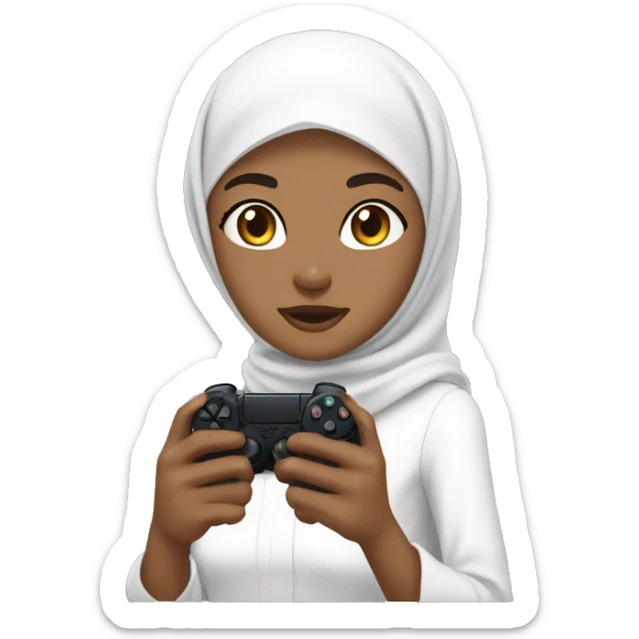 a dark olive skinned woman wearing hijab with white hijab and white long formal clothes. with black eye and big eye small nose small mouth with a bit long chin . with her nephew and niece . holding a controller playstation. sticker