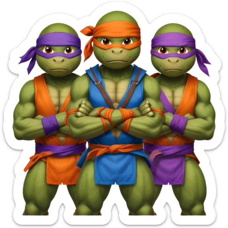 Give me a picture of 4 teenage mutant ninja turtles. Make them hold a fighting pose. Their bandana colors should be red, another orange, another purple, another blue. sticker