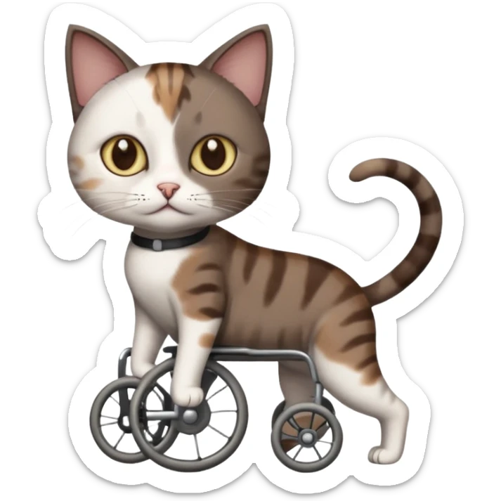 full body small short hair dark brown and white cat with hazel eyes walking in a wheelchair for cats sticker