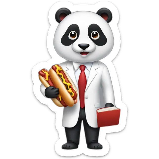 A professor with white suit and red tie and a panda face holding a hotdog and a book sticker