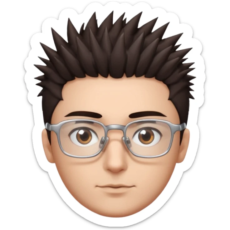 personagem com corte de cabelo espetadinho curto indo até o pescoço, cabelo castanho escuro, olho castanho escuro, sombrancelha castanho escuro, óculos sem aro prata quadrado. rosto fino sticker