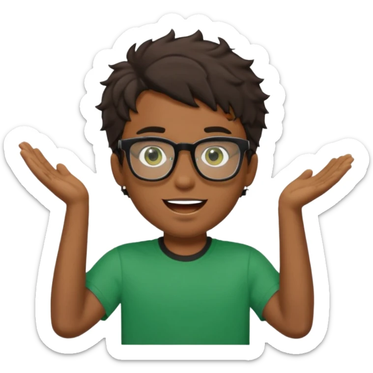 Garçon brun avec des cheveux ondulés courts, peu un peu claire, des yeux verts foncés, un t shirt noir et des lunettes rectangulaires transparentes qui est fou sticker