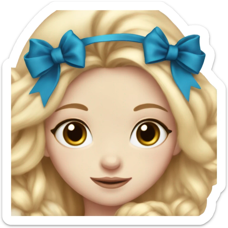 pale blonde girl with long rosy blonde hair with blue eyes and wearing a black bow holding a calico kitten also wearing a bow sticker