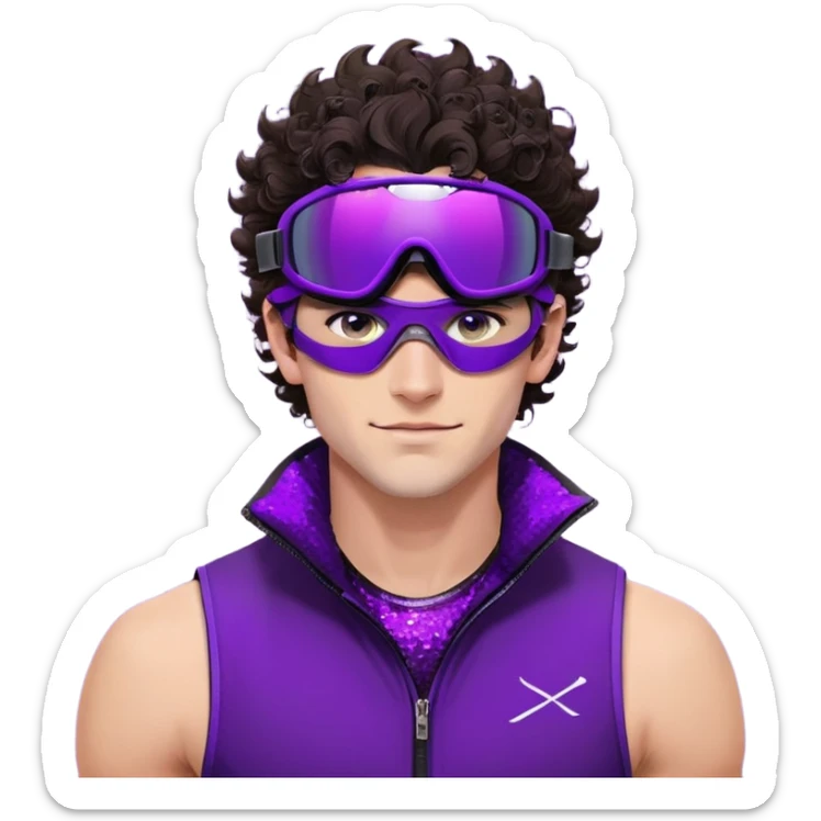 close-up of cool guy male athlete with white skin and moderately curly dark brown hair on top with shaved sides, with one purple ski goggle lens pushed up above his eyes on his forehead, with an arrogant smug smirk on his face, wearing only a plain black chain necklace around his neck, and a completely unzipped sleeveless vest with purple and black sequin fire pattern design with no logo, clearly showing he is shirtless underneath with exposed chest and abs sticker