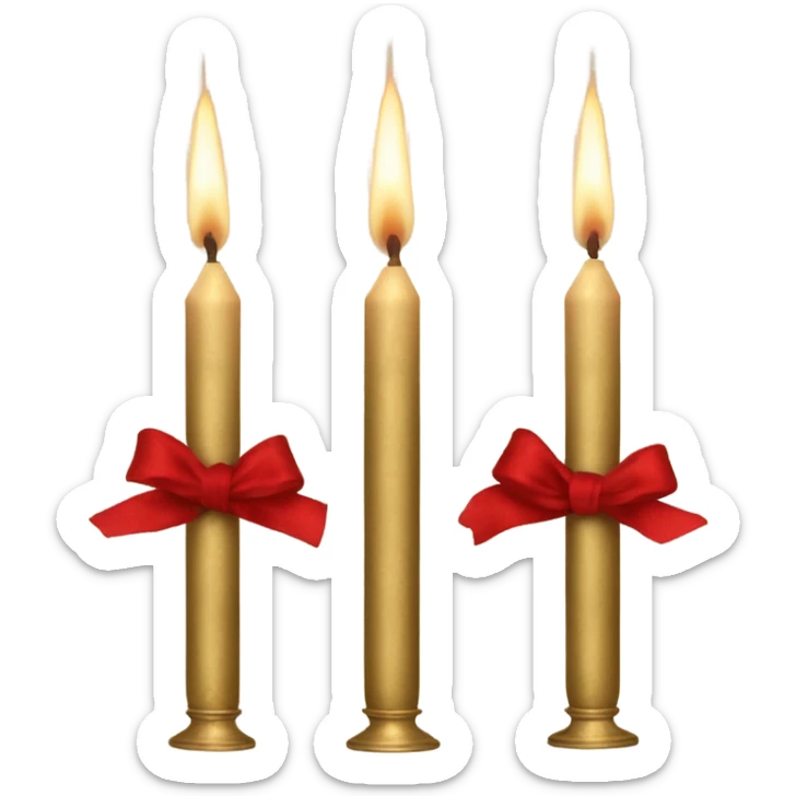 Neutral candles in brass tapers with red velvet ribbon around them sticker