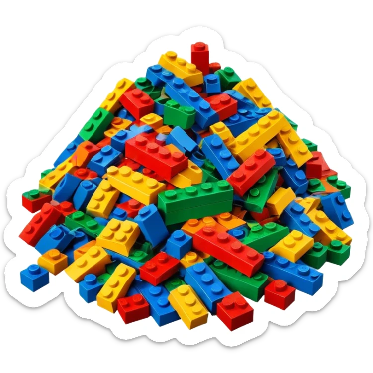 A photorealistic icon featuring a pile of colorful LEGO bricks scattered together in a messy heap. The design includes bright, detailed textures of the individual bricks, capturing the playful and creative essence of LEGO building. Transparent background, symbolizing LEGO construction. sticker