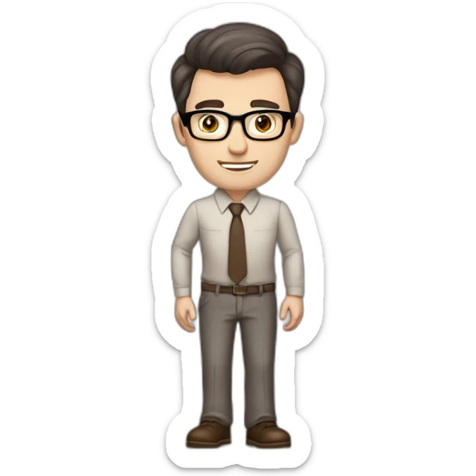 Pale skinned fit man with dark brown hair in gray jacket, beige office shirt, brown tie, brown pants and vintage glasses Writing on the flipchart sticker