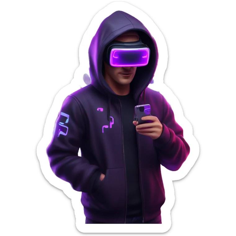 Russian man wearing a black hoodie with "OMG" letters on it and VR headset in a cyberpunk VR environment with violet neon lighting. sticker