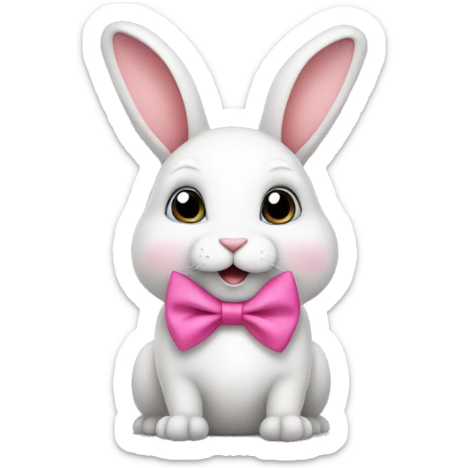 Cute little rabbit with a big belly and a pink bow tie on his neck and on his ears sticker