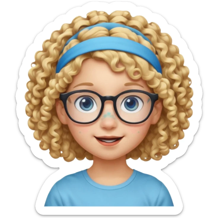 blond kid with unique face features and very curly hair kid girl happy and big glasess and big nose and very blue eyes and headband with freckles kind of nerd looking sticker