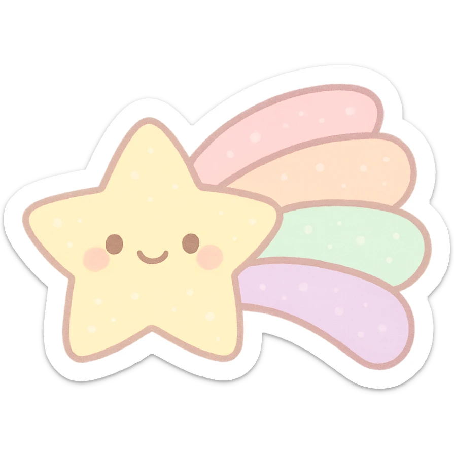 kawaii yellow shooting star, smiling face, soft pastel colors, pastel trail, no arms or legs, full body, soft pastel kawaii style, transparent background sticker