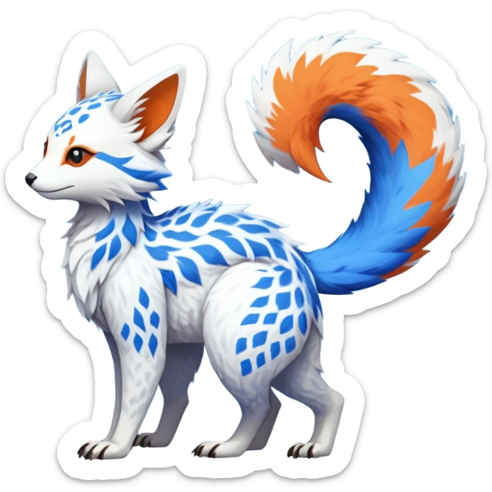 Rare realistic exotic white and neon-blue and neon-orange epic pretty beautiful handsome gorgeous aesthetic colorful vibrant Vernid-Trico-species-Fakemon-creature by LiLaiRa, 4 legs, 1 tail, random markings, (full body) tufted tail  sticker