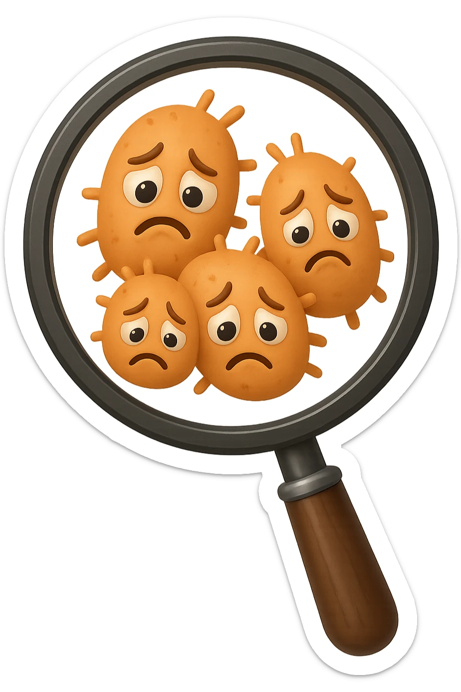 EMOJI STILE IPHONE DI una lente di ingrandimento che inquadra un cumulo di batteri intestinali tristi, IPERREALISTICO 4K sticker